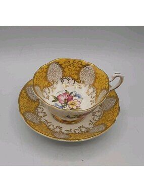 Vintage Paragon Yellow & Gold Floral Oleander Shape 1960s Teacup & Saucer set